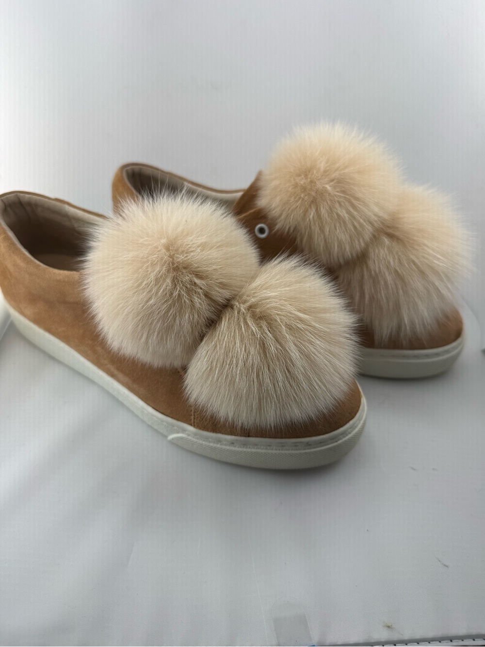 Women’s real Fur Pom Slip-On Sneakers - Tan